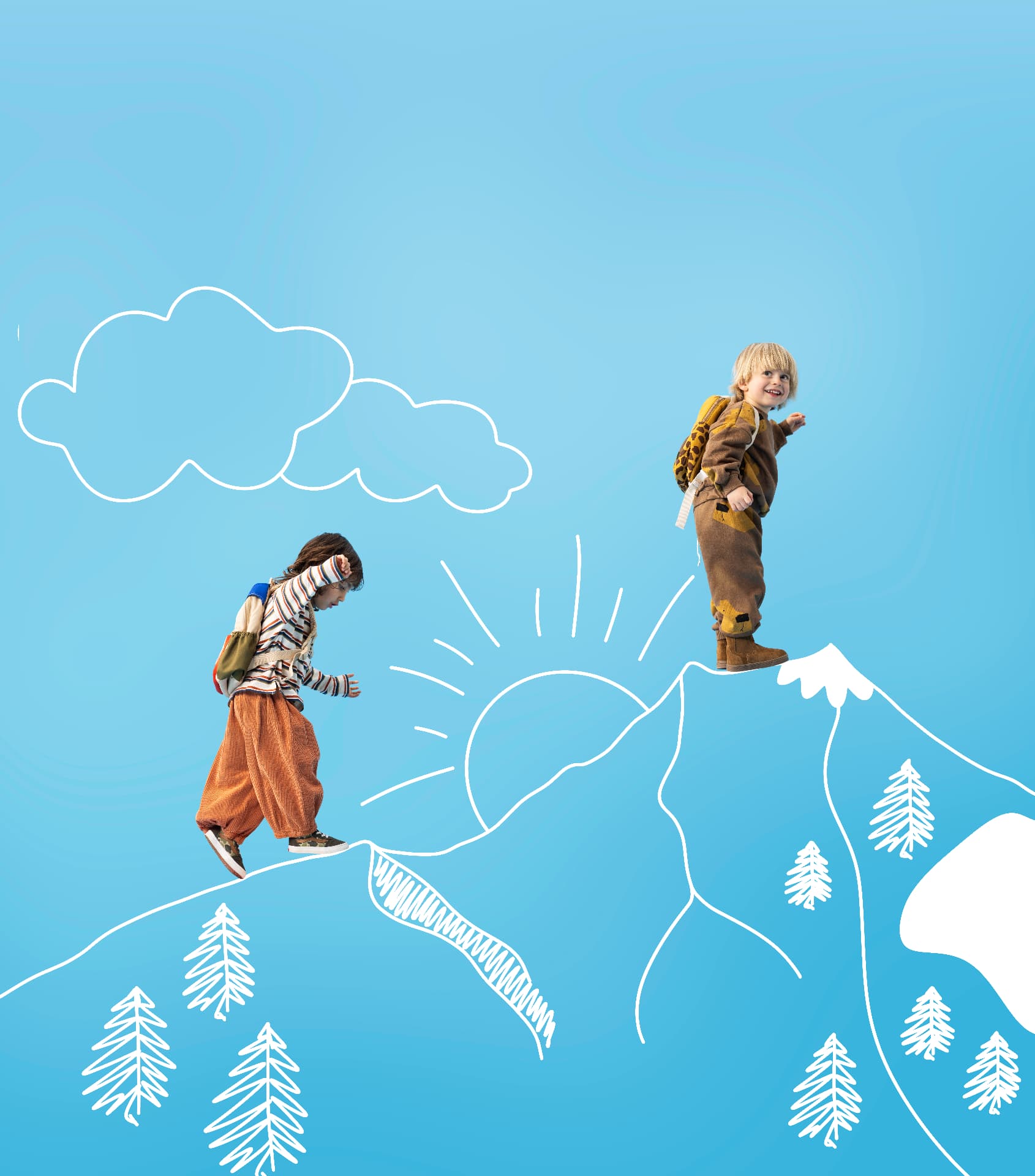 Luumilo-merkbeeld met twee kinderen in een geïllustreerd berglandschap