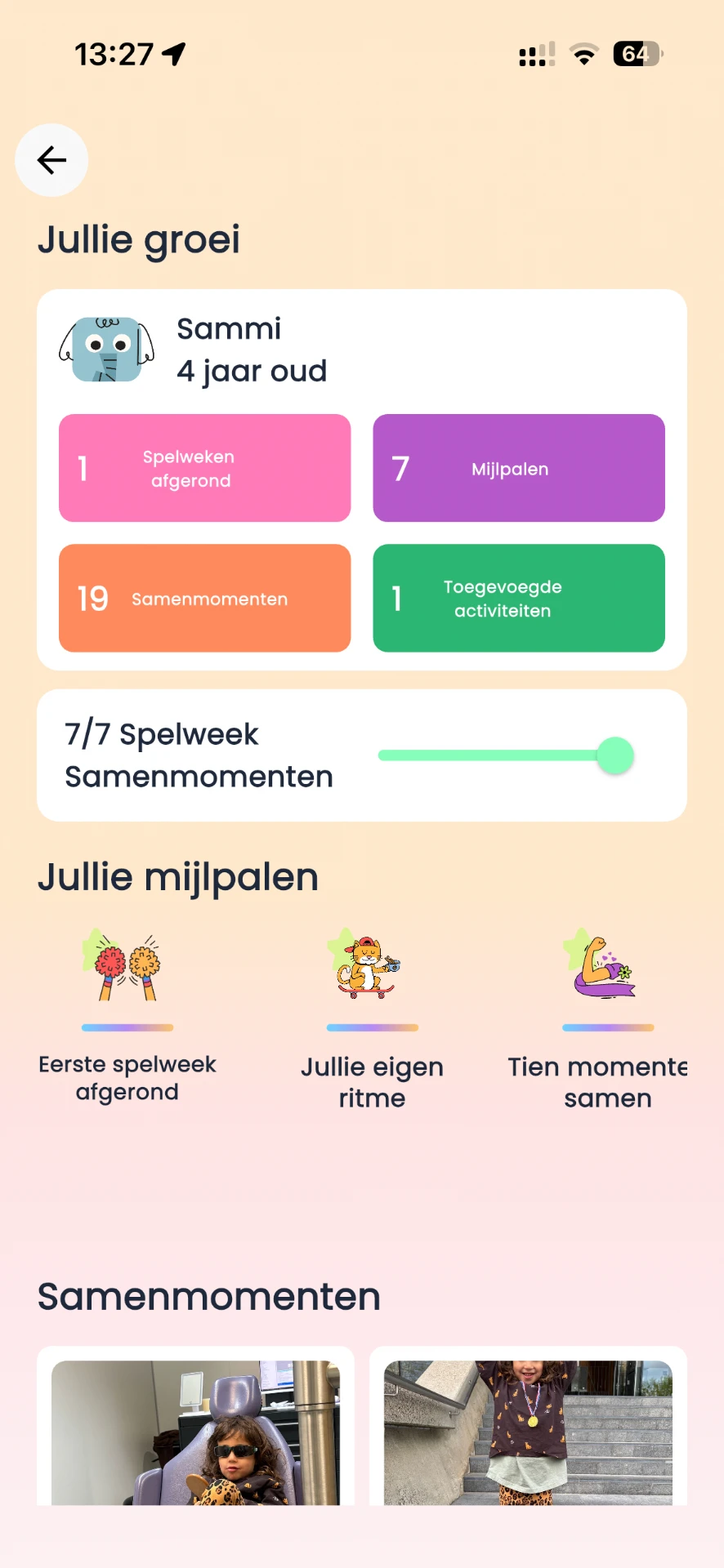 Luumilo-app: overzicht van afgeronde samenmomenten en mijlpalen