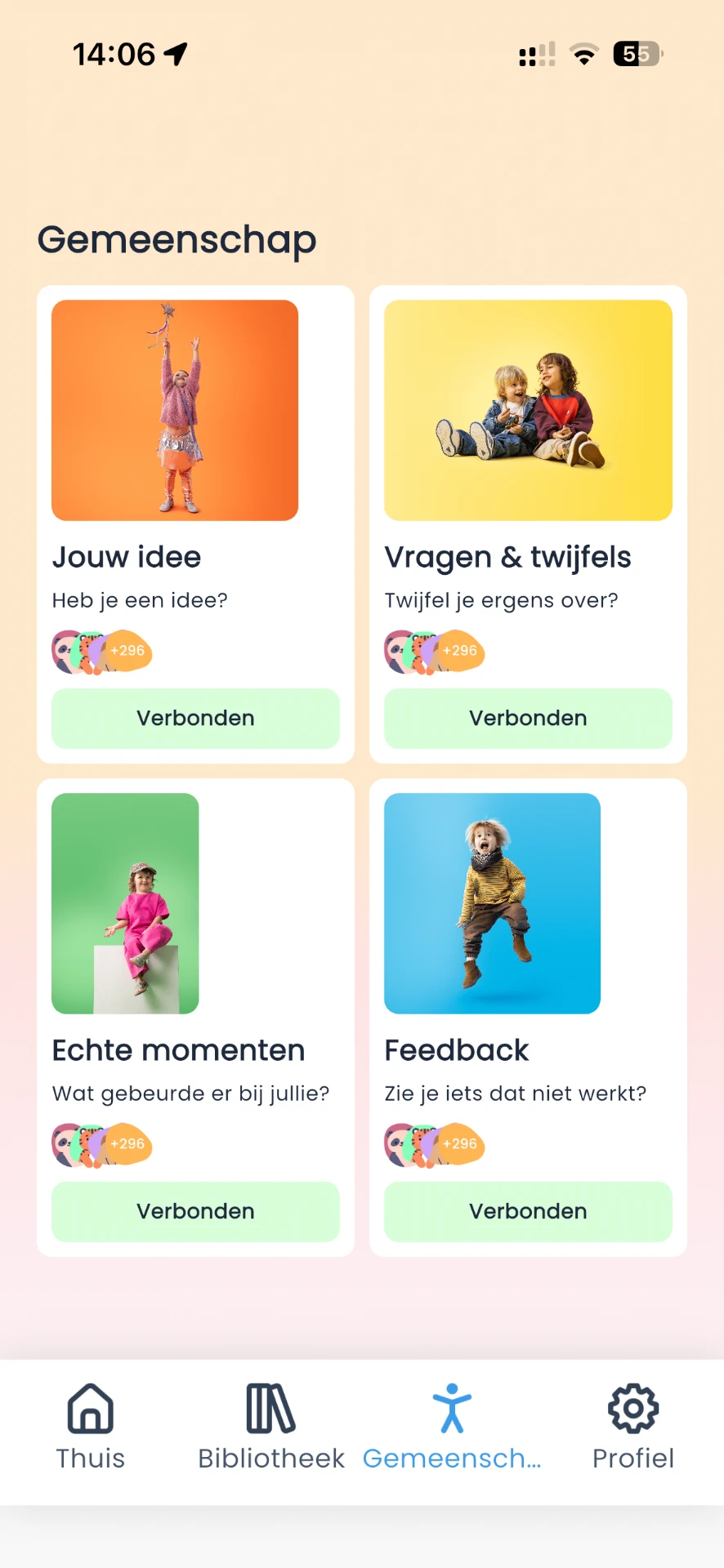 Luumilo-app: gemeenschapspagina met ideeën, vragen en feedback van ouders