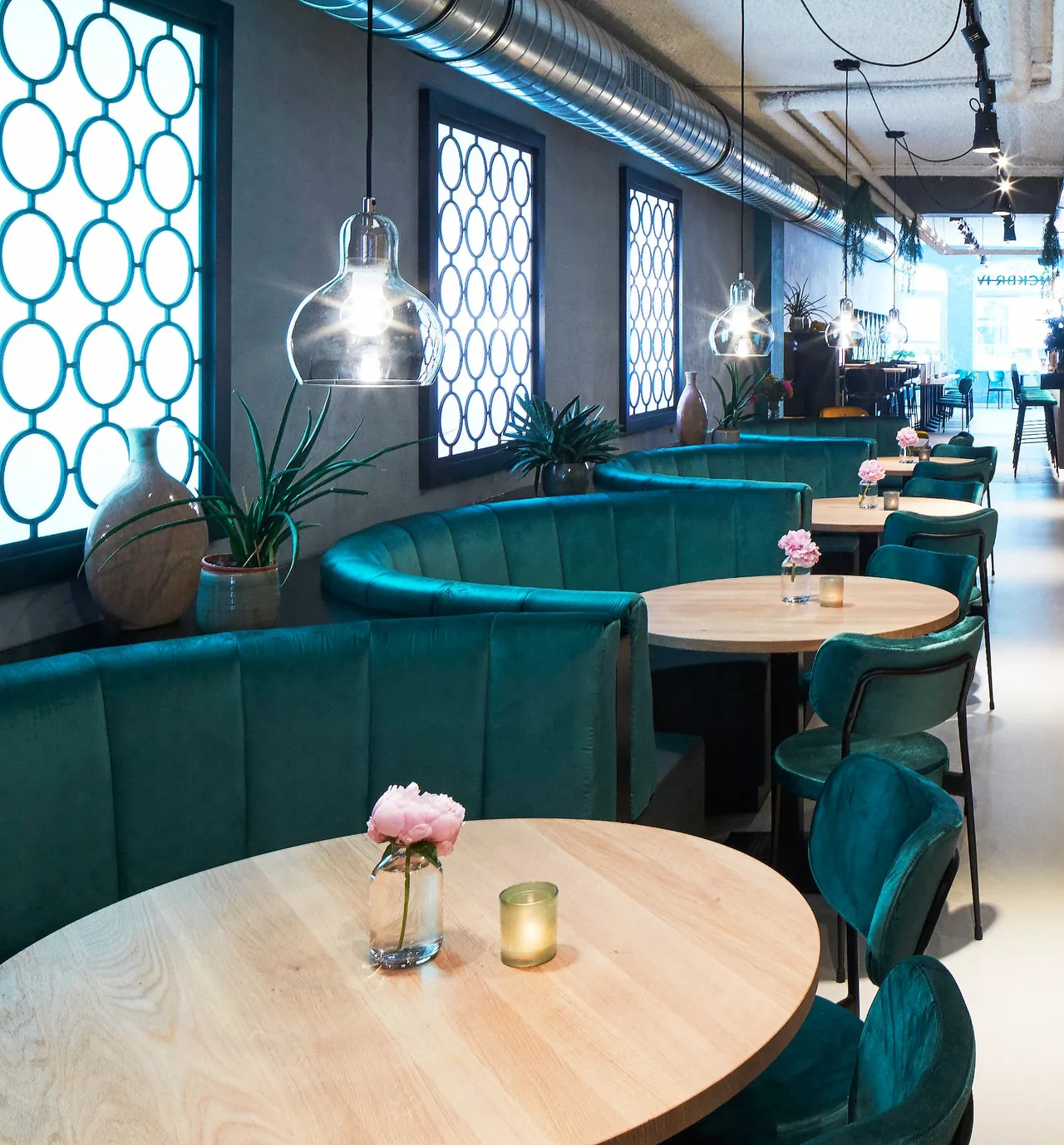 Rij groene zitbanken met houten tafels in het restaurant van WAKU WAKU